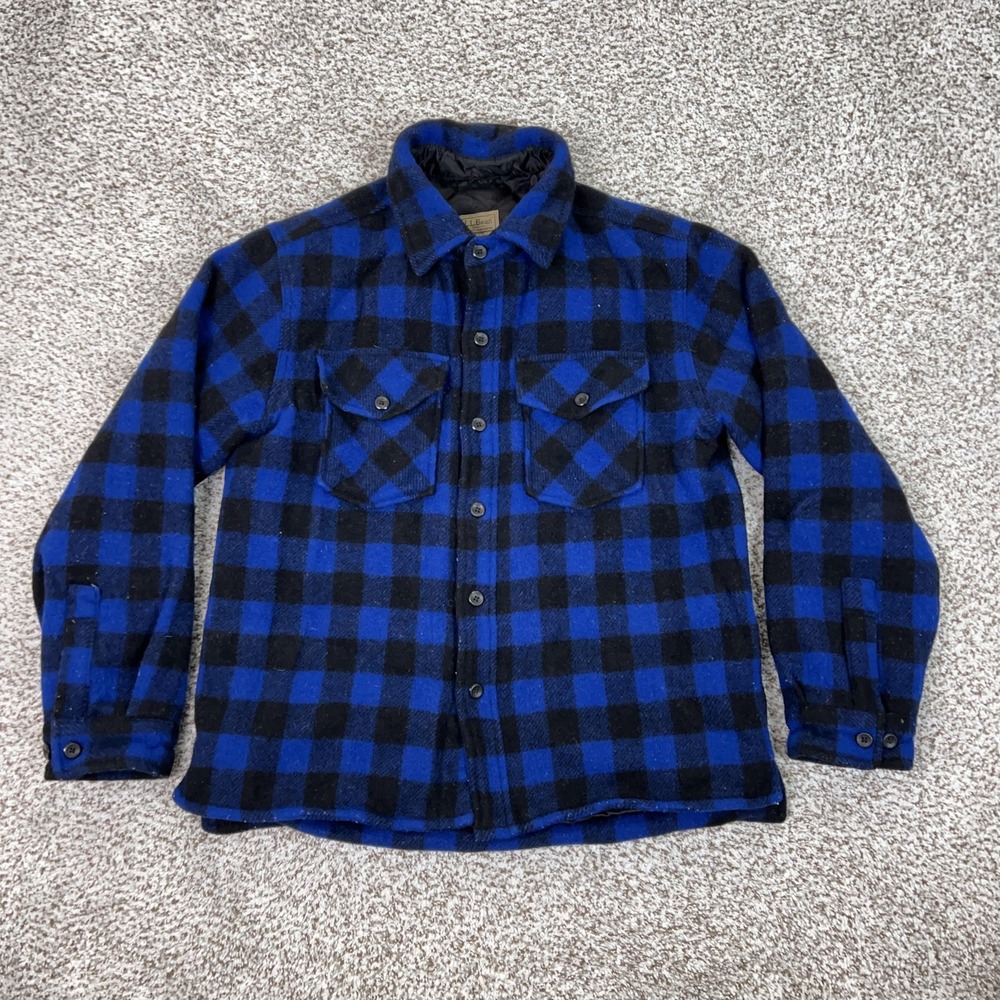 LL Bean Shacket Mens Small Blue‎ Black Wool Buffalo Plaid Quilted Lined Hiking
